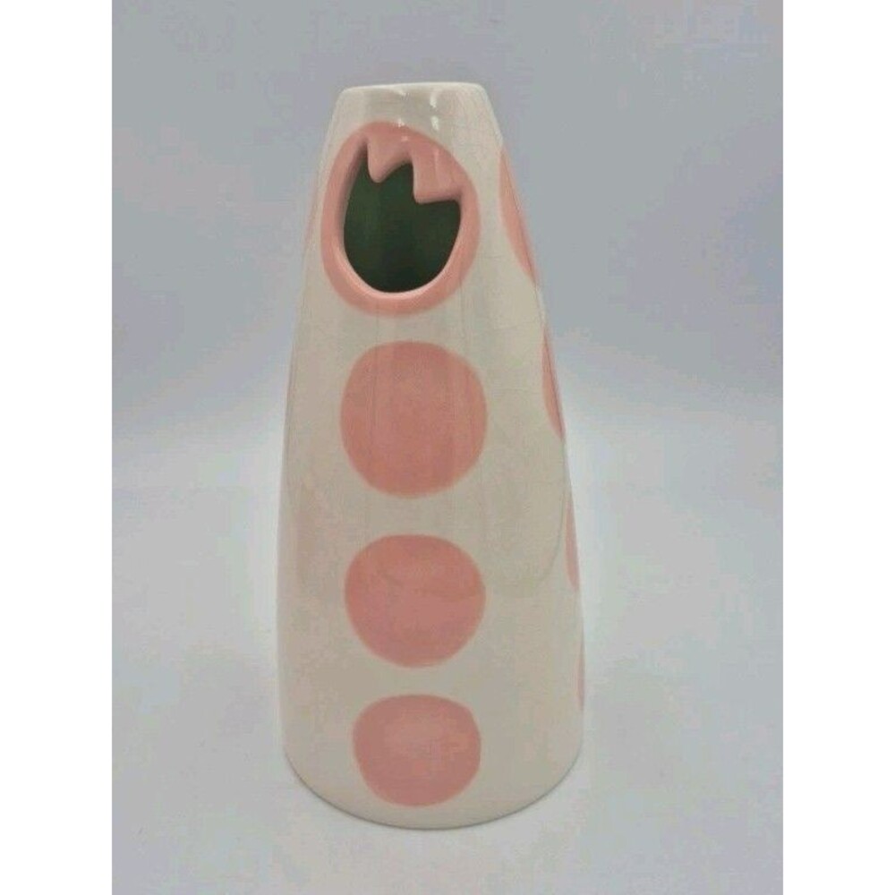 Russ Berrie Pink & White Polka Dot Vase w/ Tulip Cut Out 8 3/8" - Vintage Exc